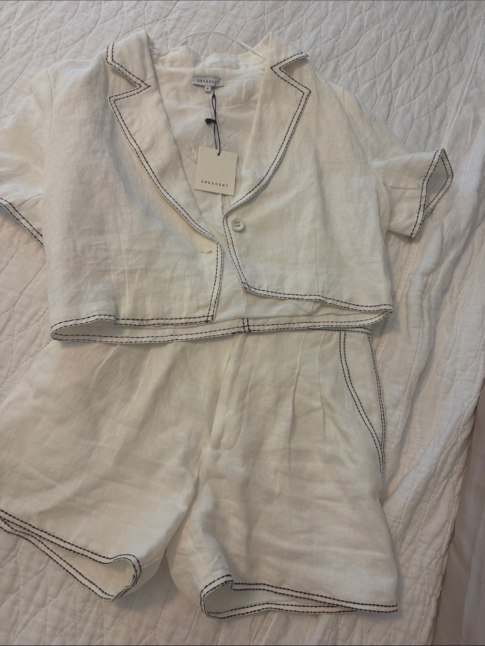 Crescent White Linen Top with Black Contrast Stitching top M shorts XS